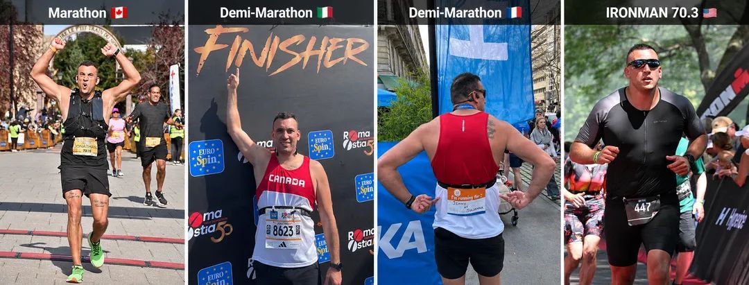 Montage de Jonathan Riendeau lors d’un marathon, de demi-marathons et d’un IRONMAN 70.3.